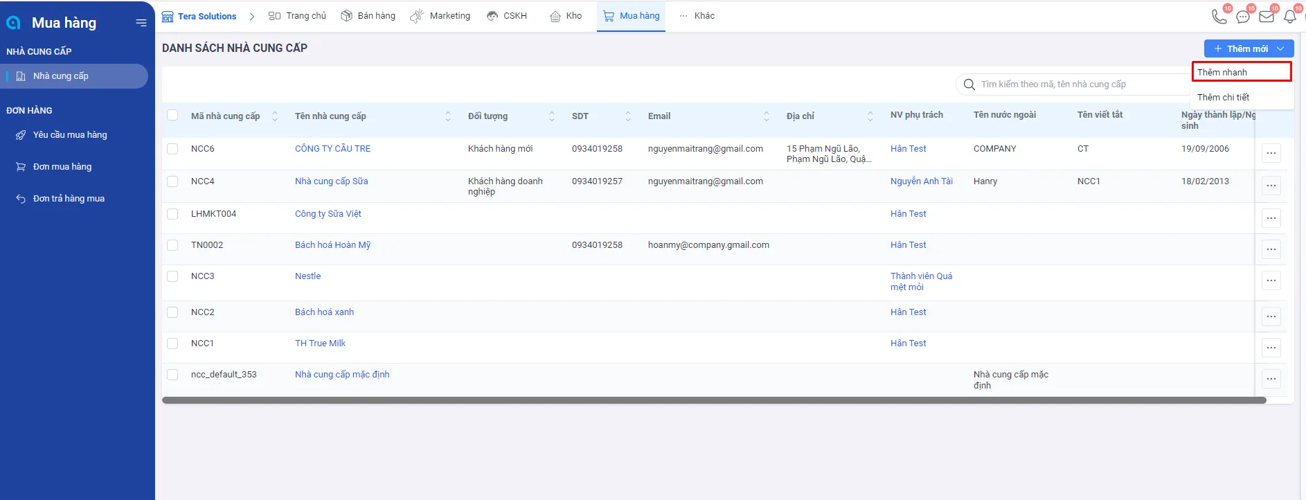 Thêm nhanh nhà cung cấp - Tera CRM