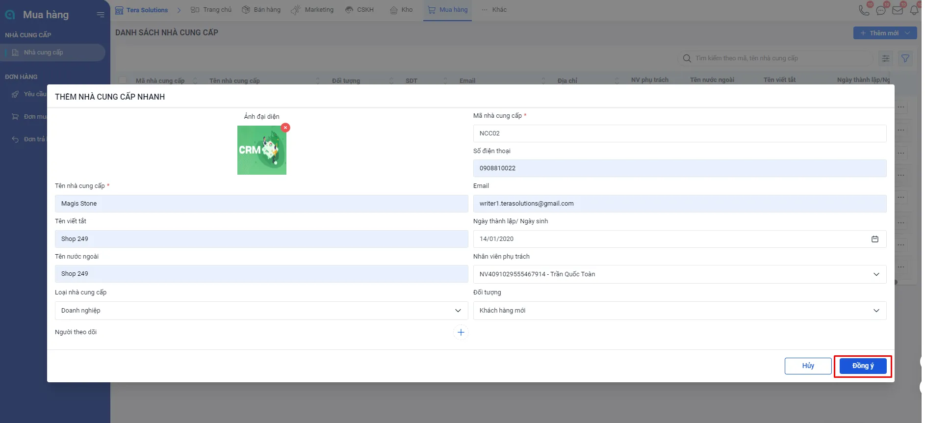 Nhập thông tin Nhà cung cấp - Tera CRM