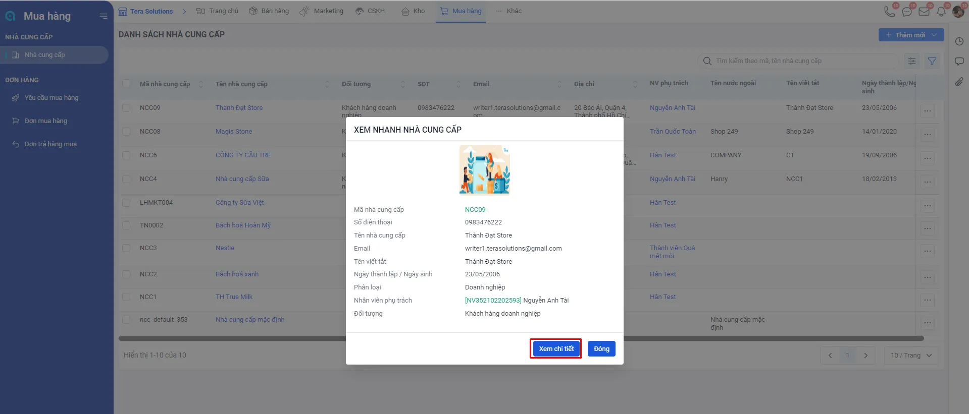 Xem nhanh nhà cung cấp - Tera CRM