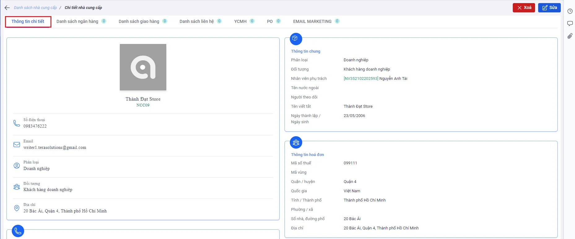 Xem thông tin chi tiết nhà cung cấp - Tera CRM